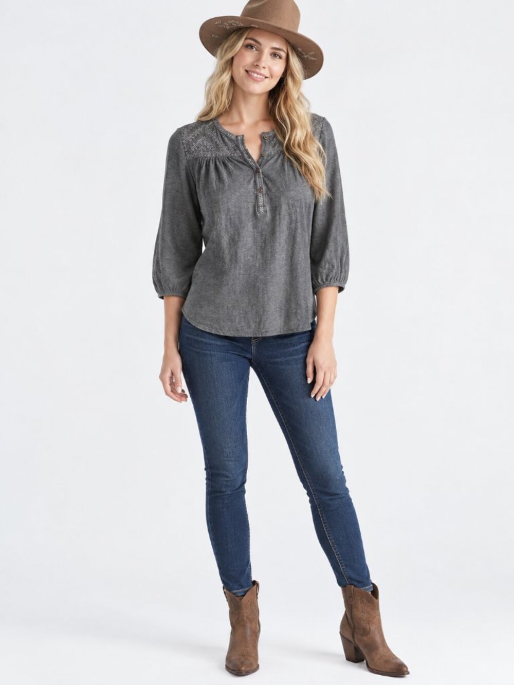 Lucky Brand Long Sleeve Embroidered Top Grey 3X #A4527